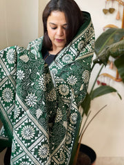 Green Handmade Nakshi Kantha Dupatta in Pure Silk