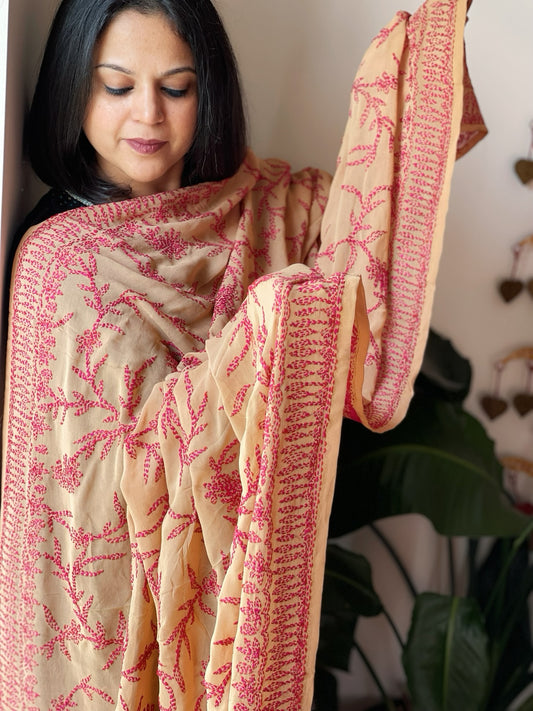 Beige Hand Embroidered Dupatta in Georgette