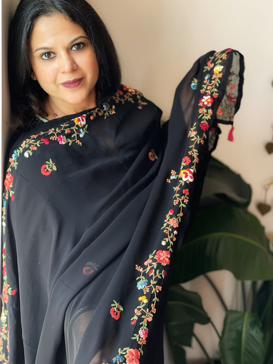 Black Hand Embroidered Dupatta in Georgette