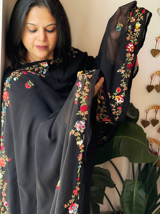Black Hand Embroidered Dupatta in Georgette