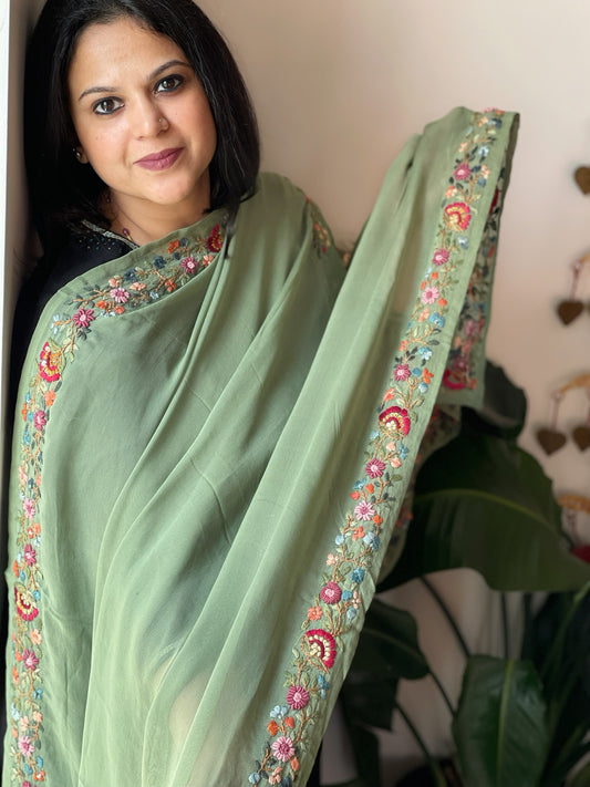 Green Hand Embroidered Dupatta in Georgette