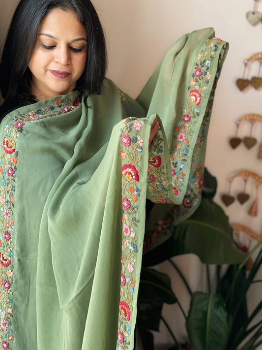 Green Hand Embroidered Dupatta in Georgette