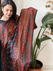 Black Handmade Nakshi Kantha Dupatta in Pure Silk