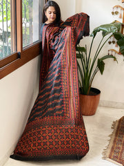 Black Handmade Nakshi Kantha Dupatta in Pure Silk