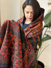 Black Handmade Nakshi Kantha Dupatta in Pure Silk
