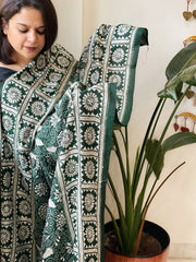 Green Handmade Nakshi Kantha Dupatta in Pure Silk