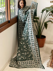 Green Handmade Nakshi Kantha Dupatta in Pure Silk