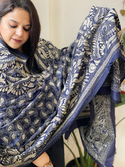 Blue Handmade Nakshi Kantha Dupatta in Pure Silk