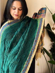 Bottle Green Rai Bandhej Dupatta with Handpainted Kalamkari Pallu in Pure Muga Silk