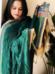 Bottle Green Rai Bandhej Dupatta with Handpainted Kalamkari Pallu in Pure Muga Silk