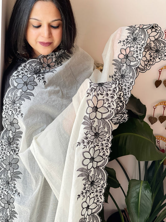 Off-White Chanderi Dupatta with Cut Work