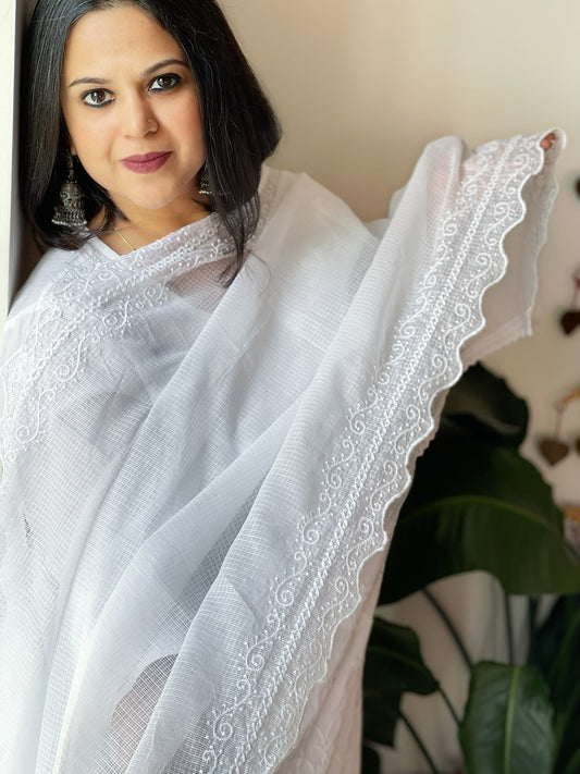 White Kota Cotton Dupatta with Embroidery