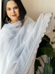 White Kota Cotton Dupatta with Embroidery