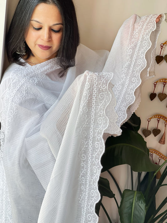 White Kota Cotton Dupatta with Embroidery
