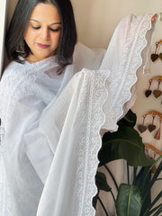 White Kota Cotton Dupatta with Embroidery