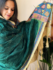 Bottle Green Rai Bandhej Dupatta with Handpainted Kalamkari Pallu in Pure Muga Silk