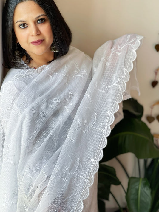 White Kota Cotton Dupatta with Embroidery