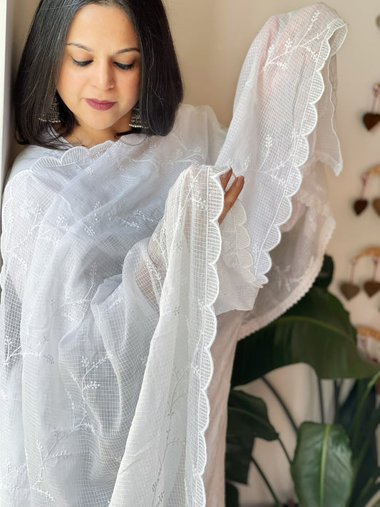 White Kota Cotton Dupatta with Embroidery