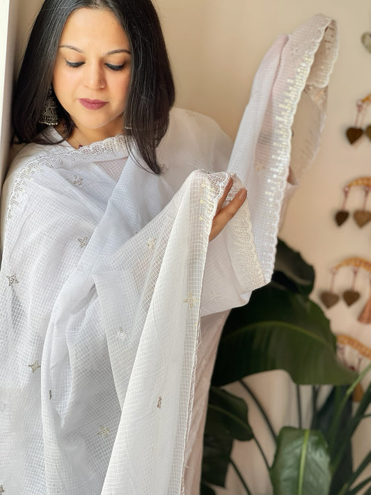 White Kota Cotton Dupatta with Sequin Embroidery