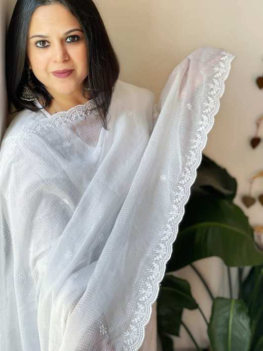 White Kota Cotton Dupatta with Embroidery