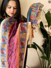 Wine Rai Bandhej Dupatta with Handpainted Kalamkari Pallu in Pure Muga Silk