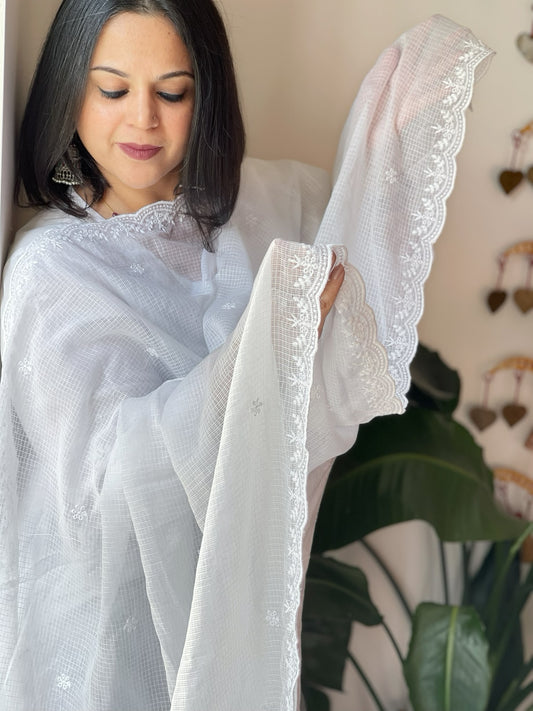 White Kota Cotton Dupatta with Embroidery