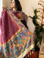 Wine Rai Bandhej Dupatta with Handpainted Kalamkari Pallu in Pure Muga Silk