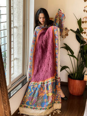 Wine Rai Bandhej Dupatta with Handpainted Kalamkari Pallu in Pure Muga Silk