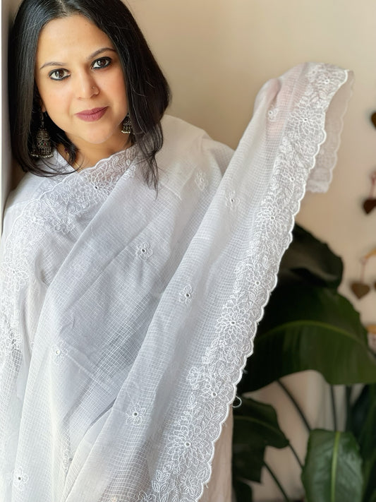White Kota Cotton Dupatta with Embroidery and foil mirror work