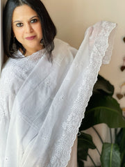 White Kota Cotton Dupatta with Embroidery and foil mirror work
