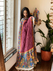 Wine Rai Bandhej Dupatta with Handpainted Kalamkari Pallu in Pure Muga Silk