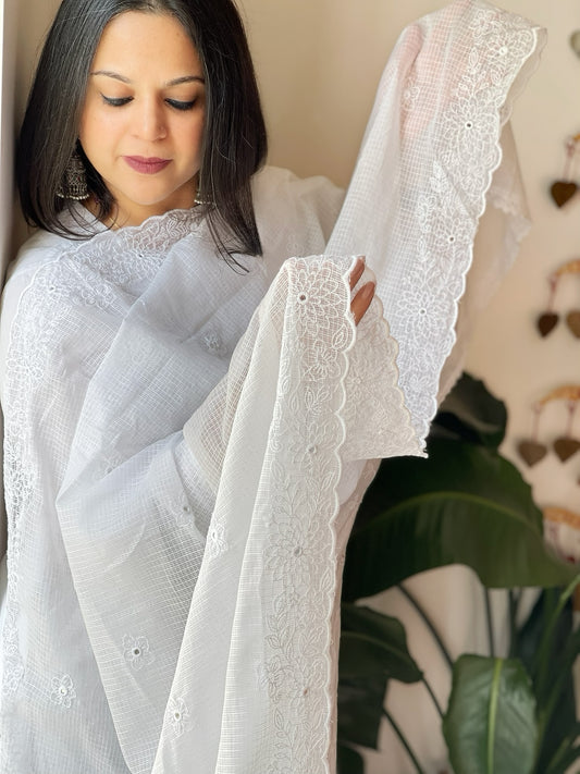 White Kota Cotton Dupatta with Embroidery and foil mirror work