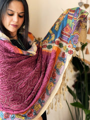 Wine Rai Bandhej Dupatta with Handpainted Kalamkari Pallu in Pure Muga Silk