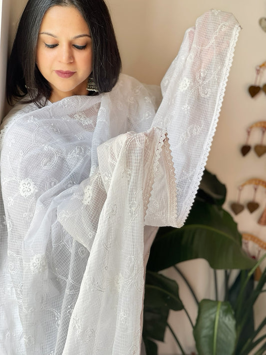 White Kota Cotton Dupatta with Embroidery