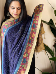 Deep Blue Rai Bandhej Dupatta with Handpainted Kalamkari Pallu in Pure Muga Silk