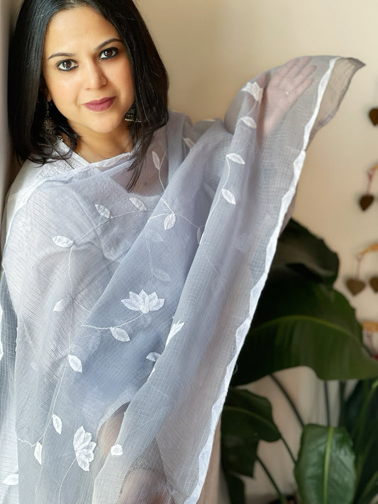 Grey Applique handwork Dupatta in Kota Cotton