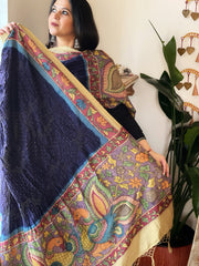 Deep Blue Rai Bandhej Dupatta with Handpainted Kalamkari Pallu in Pure Muga Silk