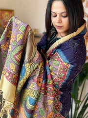 Deep Blue Rai Bandhej Dupatta with Handpainted Kalamkari Pallu in Pure Muga Silk