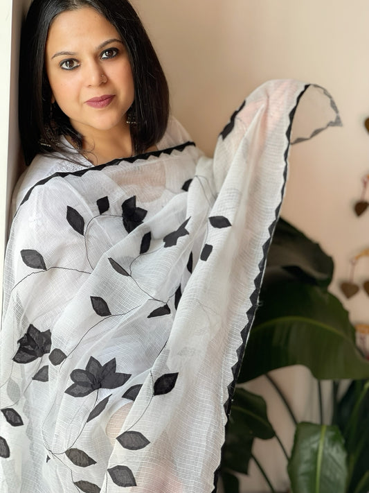 White Applique handwork Dupatta in Kota Cotton