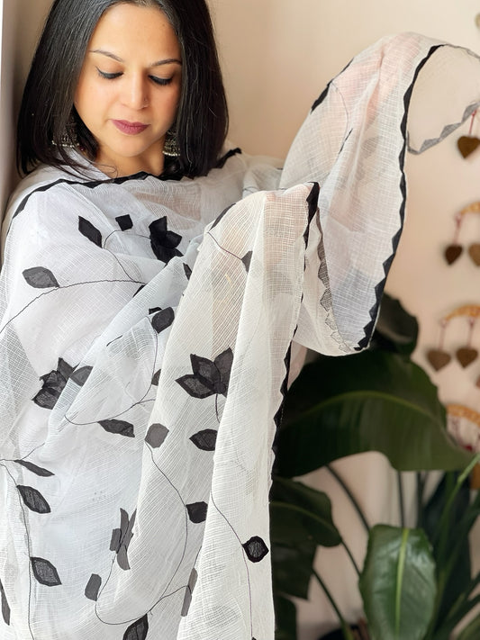 White Applique handwork Dupatta in Kota Cotton