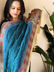 Teal Blue Rai Bandhej Dupatta with Handpainted Kalamkari Pallu in Pure Muga Silk