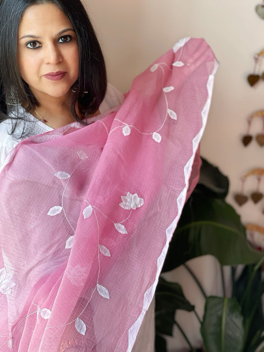 Pink Applique handwork Dupatta in Kota Cotton