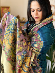 Teal Blue Rai Bandhej Dupatta with Handpainted Kalamkari Pallu in Pure Muga Silk