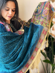 Teal Blue Rai Bandhej Dupatta with Handpainted Kalamkari Pallu in Pure Muga Silk