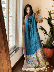 Teal Blue Rai Bandhej Dupatta with Handpainted Kalamkari Pallu in Pure Muga Silk