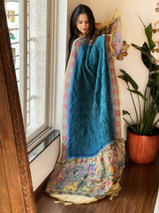 Teal Blue Rai Bandhej Dupatta with Handpainted Kalamkari Pallu in Pure Muga Silk