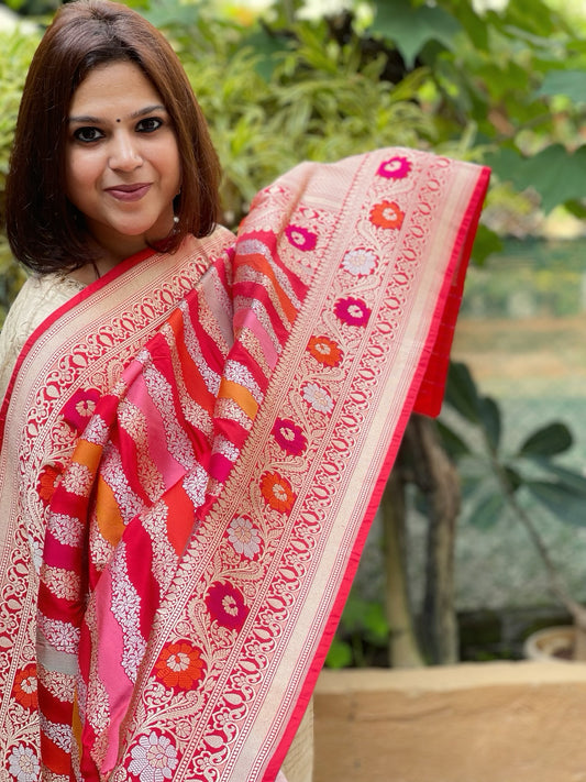 Red Handwoven Banarasi Rangkhat Dupatta in Pure Katan Silk