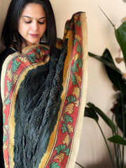 Deep Green Rai Bandhej Dupatta with Handpainted Kalamkari Pallu in Pure Muga Silk