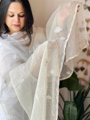 Cream Applique handwork Dupatta in Kota Cotton