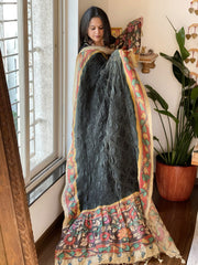 Deep Green Rai Bandhej Dupatta with Handpainted Kalamkari Pallu in Pure Muga Silk